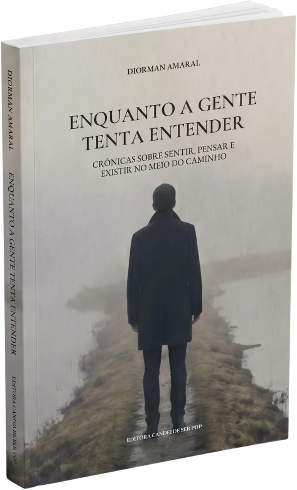 Livro Enquanto a Gente Tenta Entender, de Diorman Amaral, com capa em tons de névoa mostrando uma pessoa de casaco escuro em uma estrada de terra.